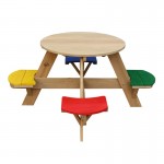 Masuta Gradina Rotunda Maro Natur OZN Masa pentru copii cu 4 locuri din lemn cu scaune colorate pentru Joaca Picnic si Activitati 